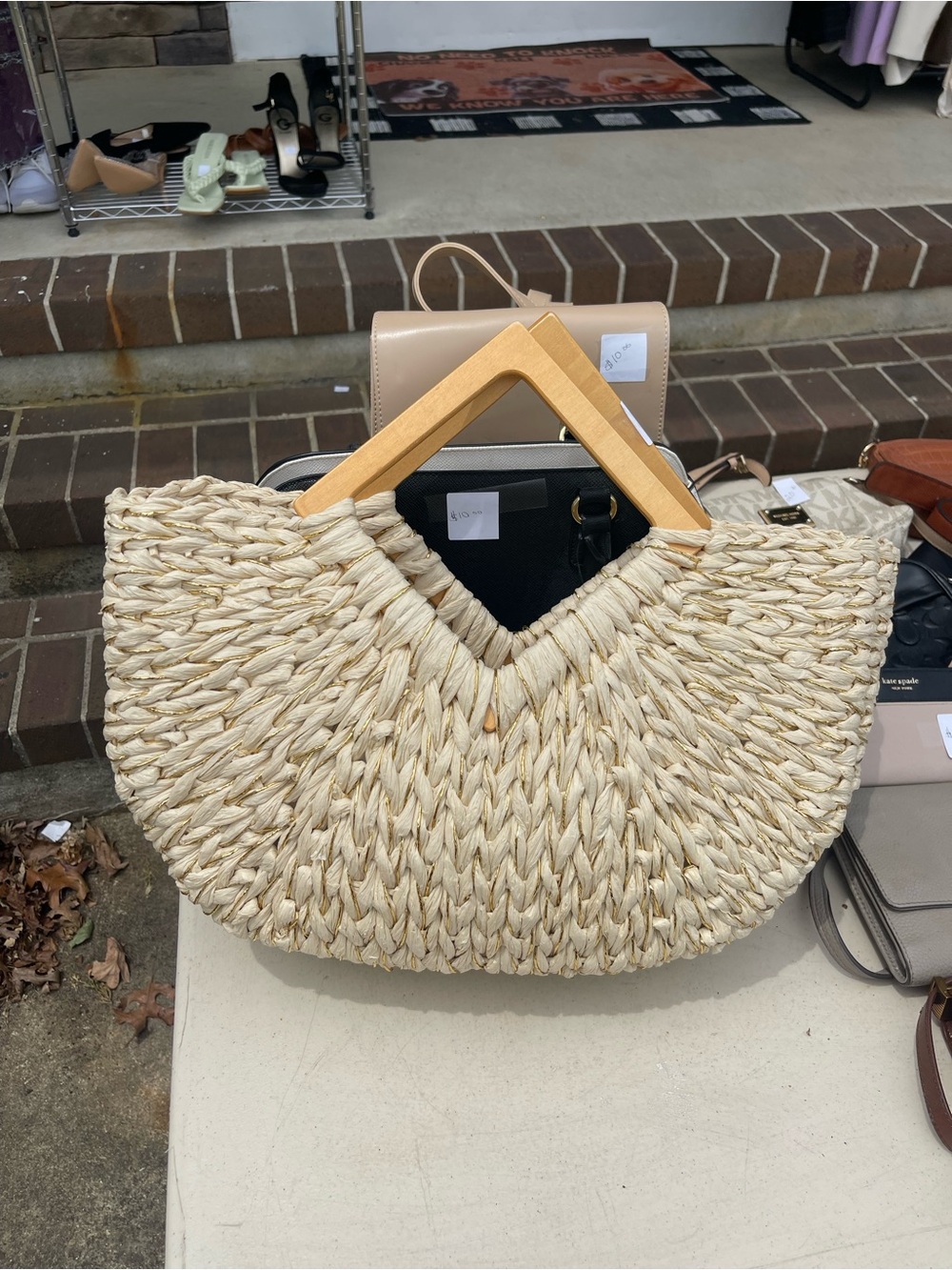 Woven Straw Half-Moon Tote Bag with Wood Handles - Natural